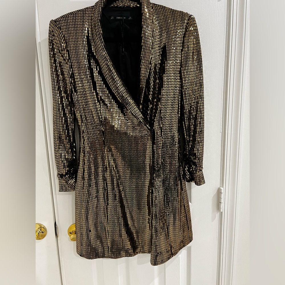 ZARA gold metallic blazer dress- gold sequins- vintage